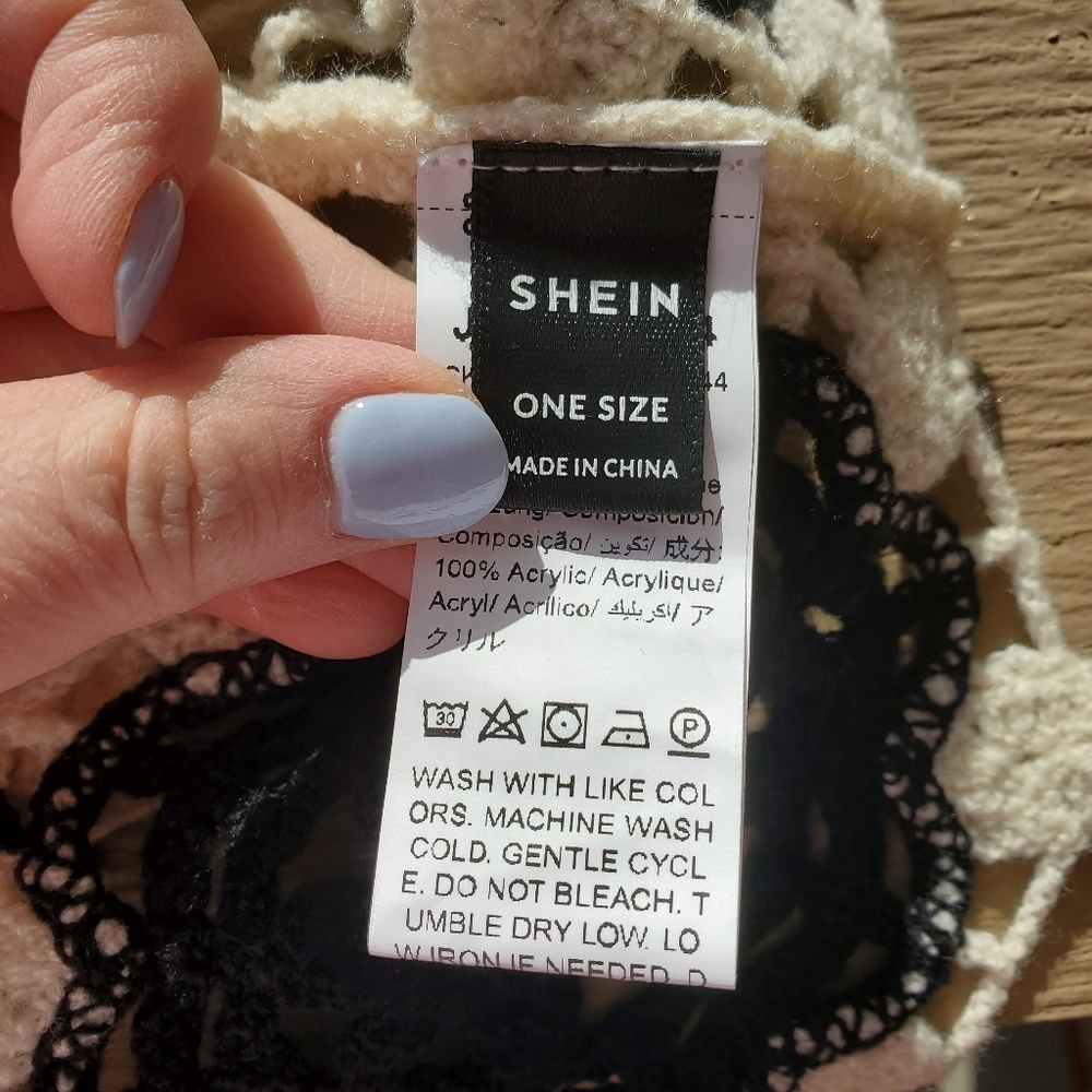 SHEIN Cream and Black Long Sleeve Crochet Bell Sleeve Cover-Up Beachwear Top - Picture 4 of 14